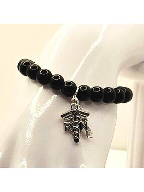 RN Nurse Bracelet, Black Nurse Charm Bracelet, Registered Nurse Gift, CNA